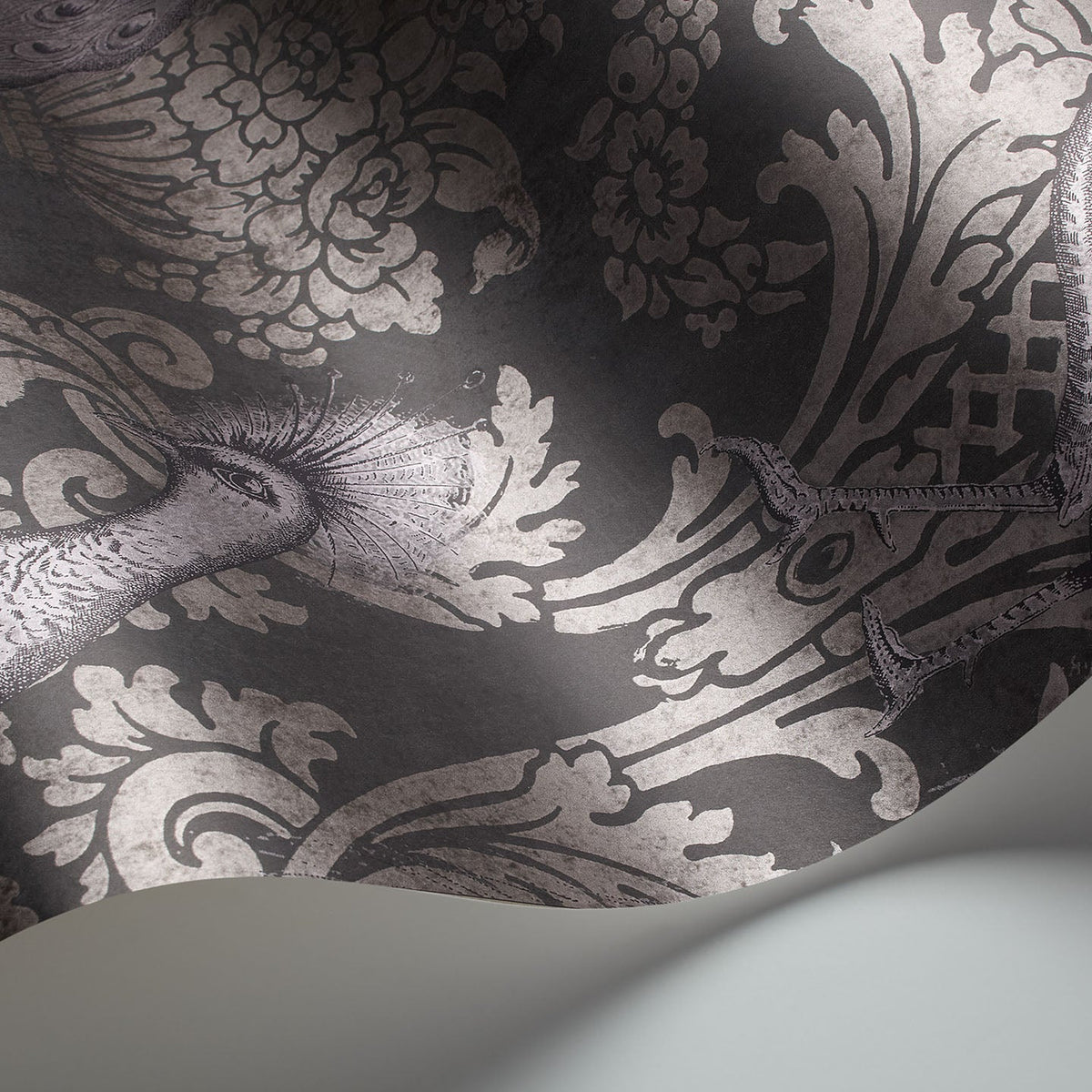 Cole & Son Byron wallpaper in Metallic Lilac Grey & Mink on Charcoal — detail