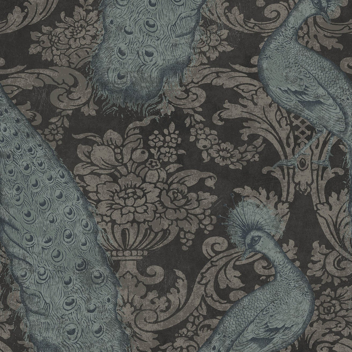 Cole & Son Byron wallpaper in Metallic Petrol & Metallic Silver on Charcoal — pattern