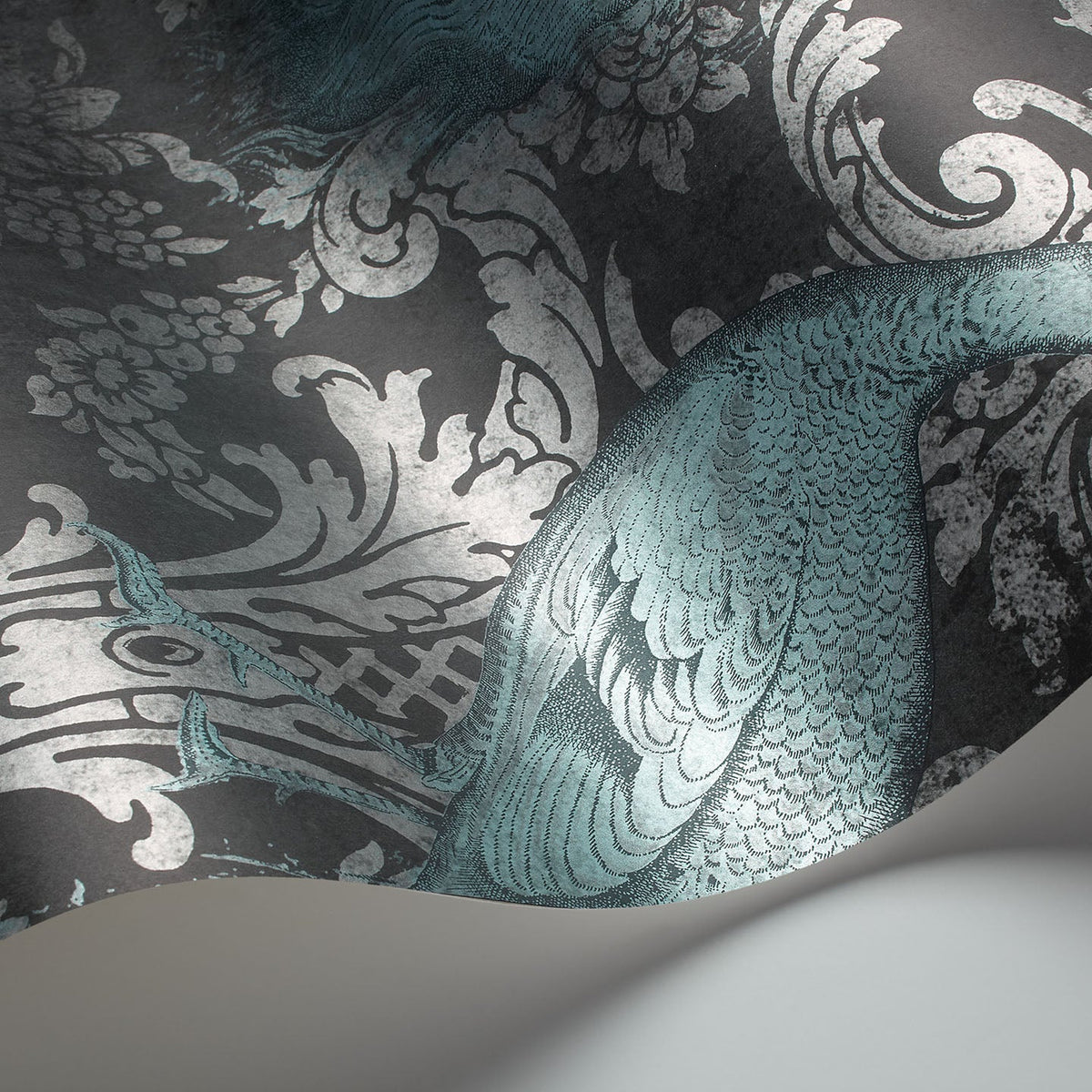 Cole & Son Byron wallpaper in Metallic Petrol & Metallic Silver on Charcoal — detail