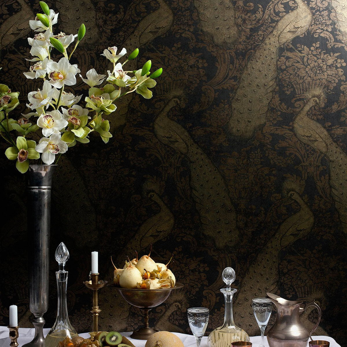 Cole & Son Byron wallpaper in Metallic Gold & Bronze on Charcoal — room setting