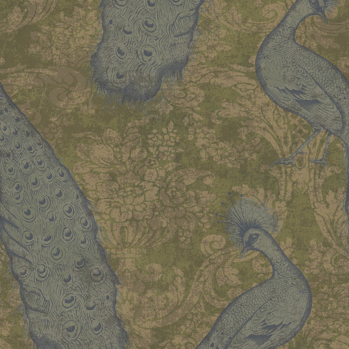 Cole & Son Byron wallpaper in Metallic Teal & Metallic Gilver on Olive — pattern