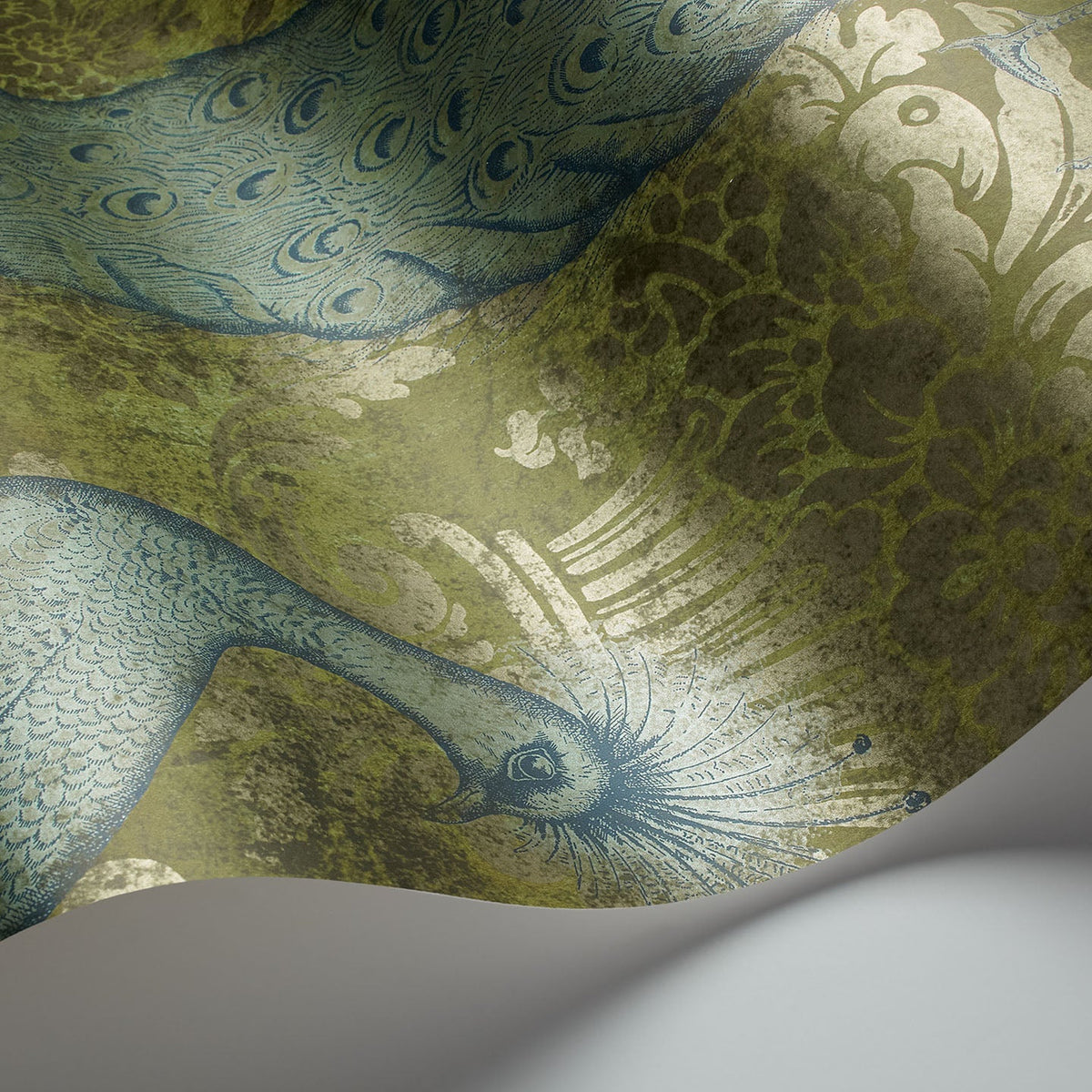 Cole & Son Byron wallpaper in Metallic Teal & Metallic Gilver on Olive — detail