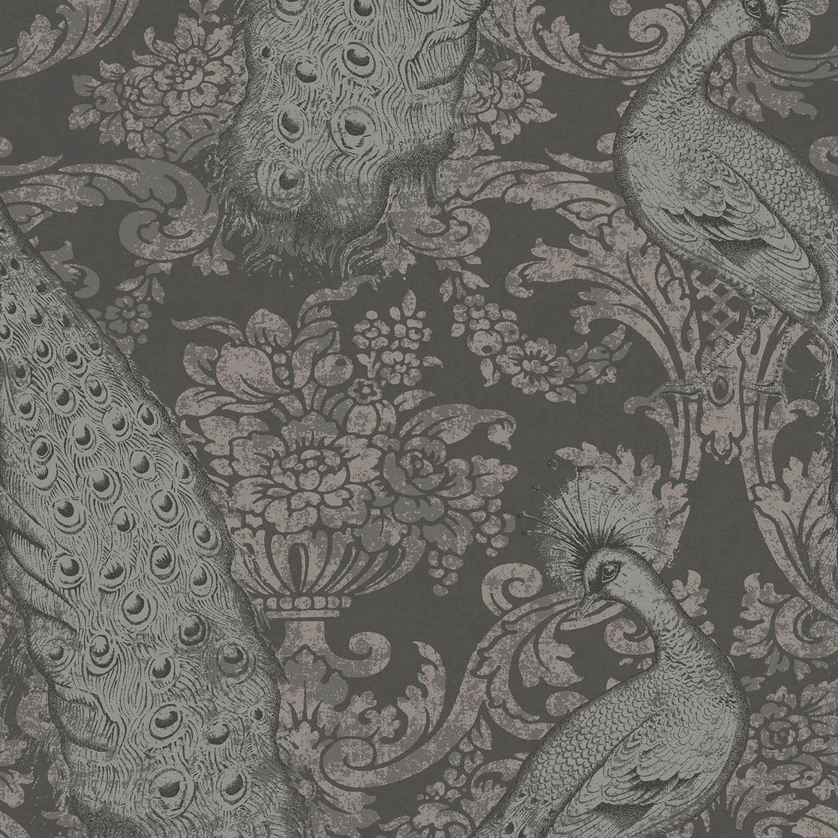 Cole & Son Byron wallpaper in Metallic Silver on Charcoal Foil — pattern