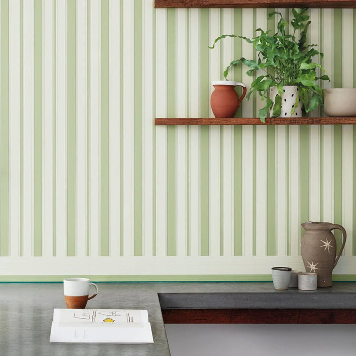Cole & Son Cambridge Stripe wallpaper in Olive Green — room setting