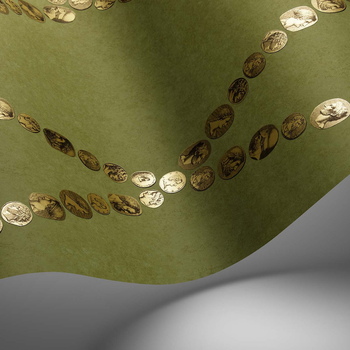 Cole & Son Cammei wallpaper in Antique Gold on Olive — detail