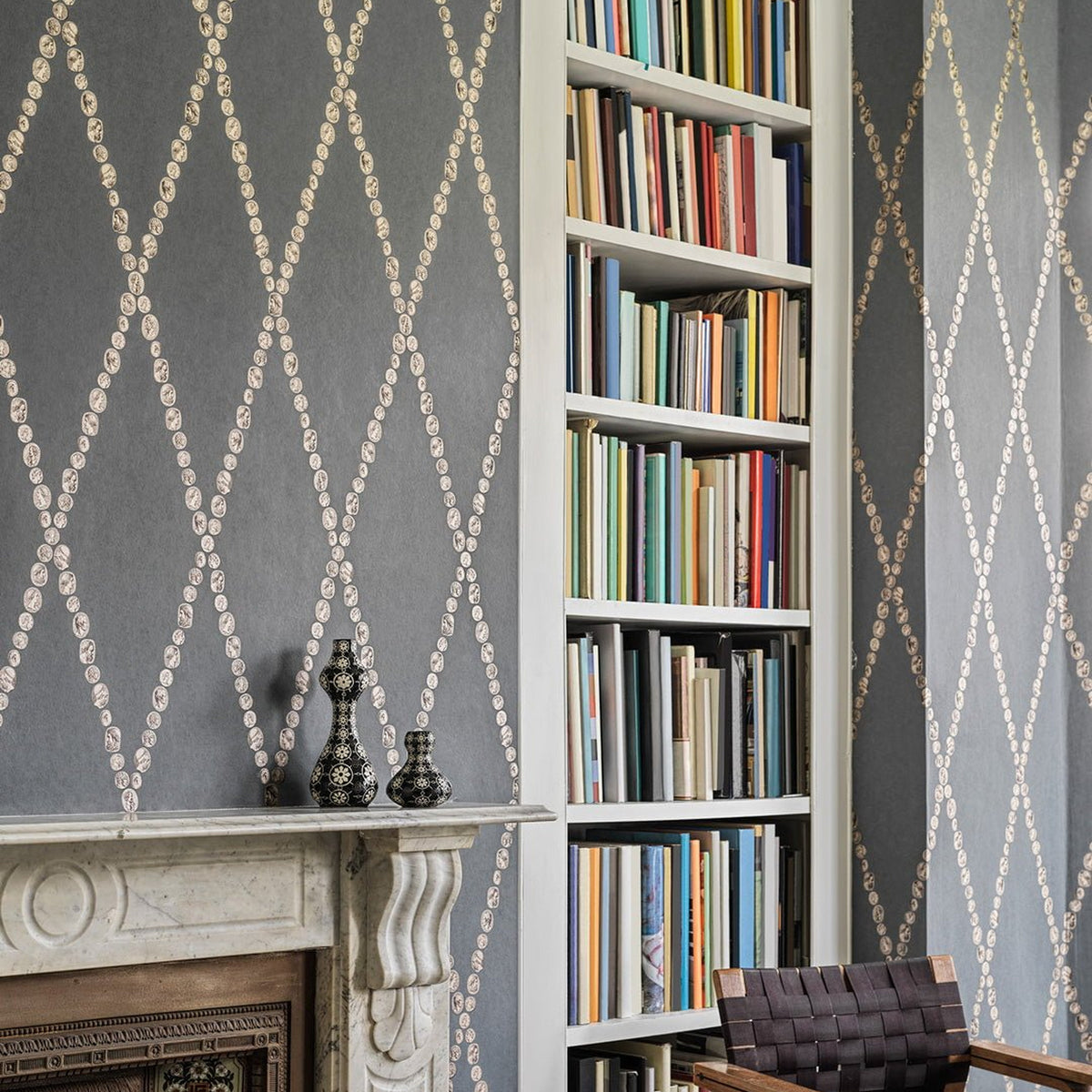 Cole & Son Cammei wallpaper in Silver on Ink — room setting