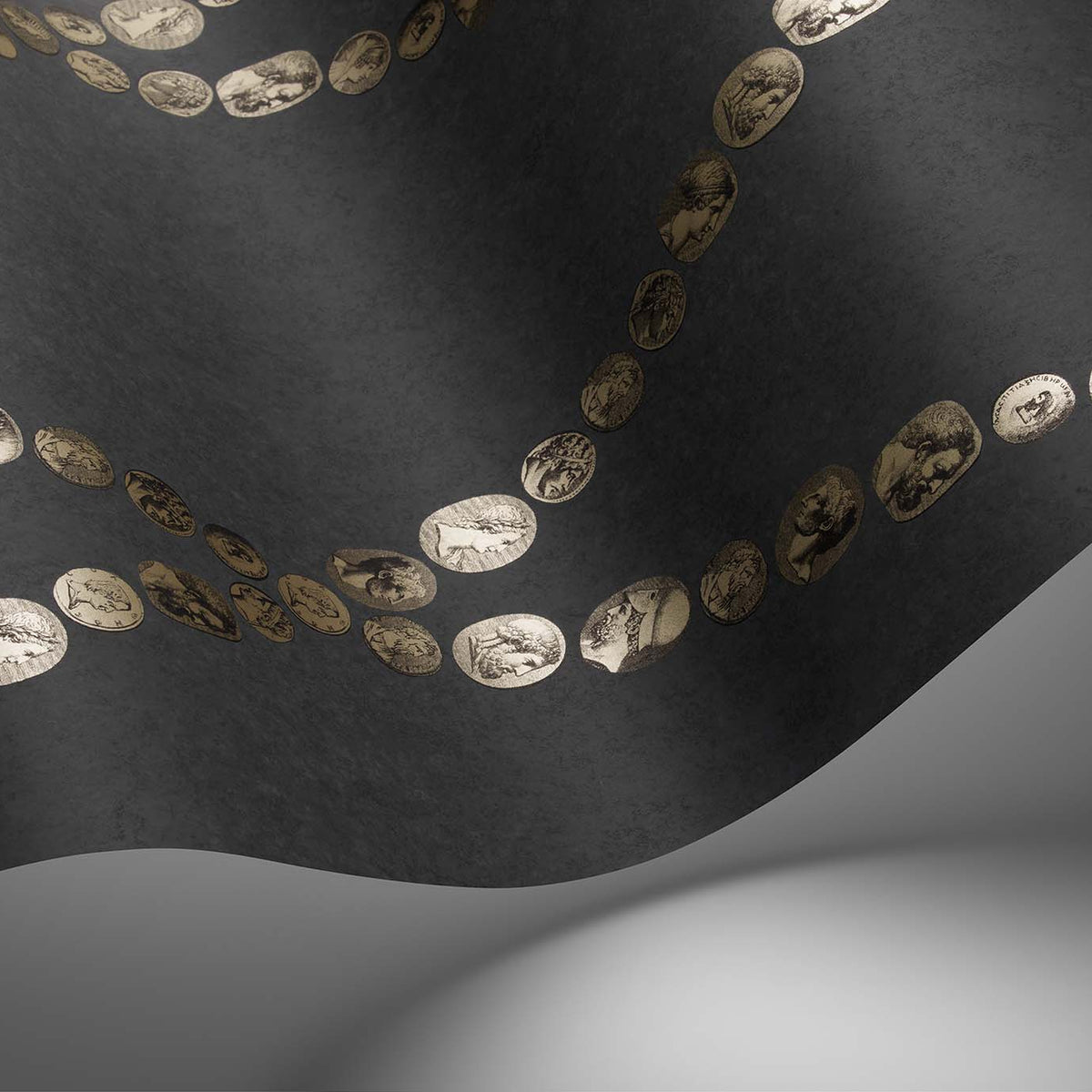 Cole & Son Cammei wallpaper in Gold on Charcoal — detail