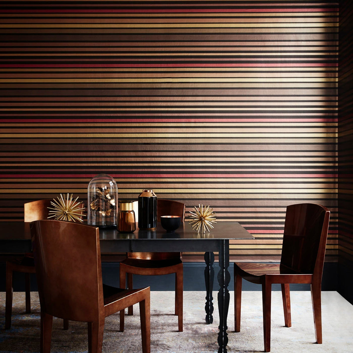 Cole & Son Carousel Stripe wallpaper in Ginger on Soot — room setting
