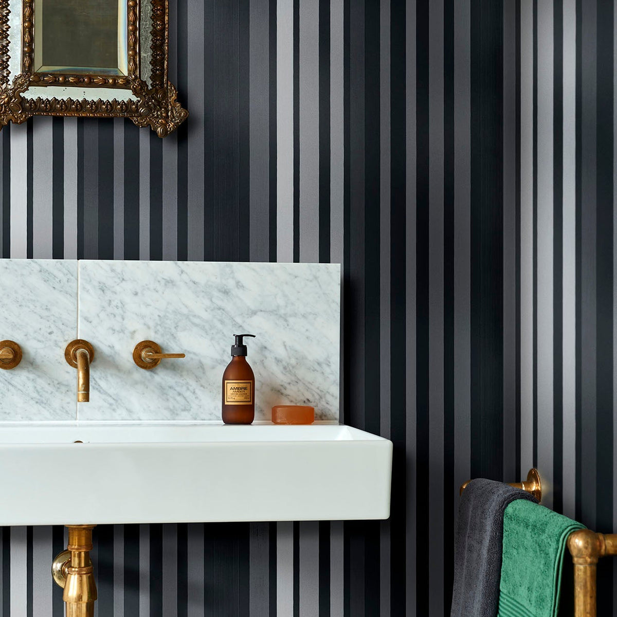 Cole & Son Carousel Stripe wallpaper in Metallic Silver on Charcoal — room setting
