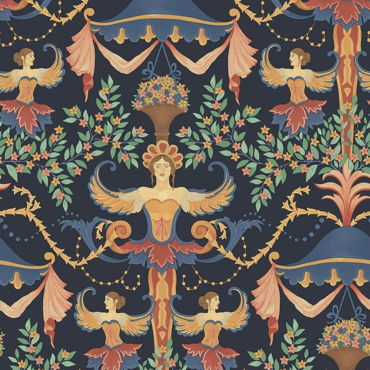 Cole & Son Chamber Angels wallpaper in Denim, Red & Marigold on Ink — pattern