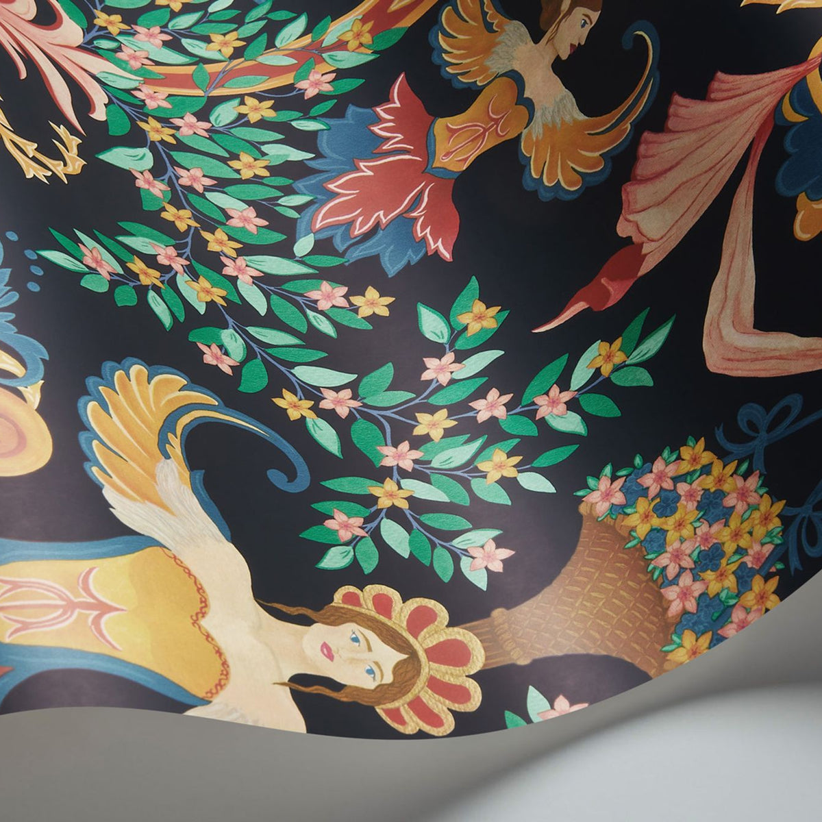 Cole & Son Chamber Angels wallpaper in Denim, Red & Marigold on Ink — detail