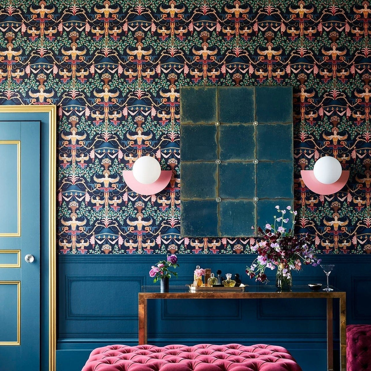 Cole & Son Chamber Angels wallpaper in Denim, Red & Marigold on Ink — room setting