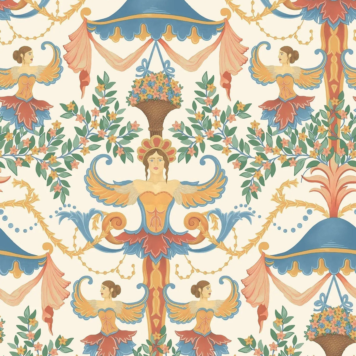 Cole & Son Chamber Angels wallpaper in Cerulean Sky, Rouge & Marigold on Parchment — pattern