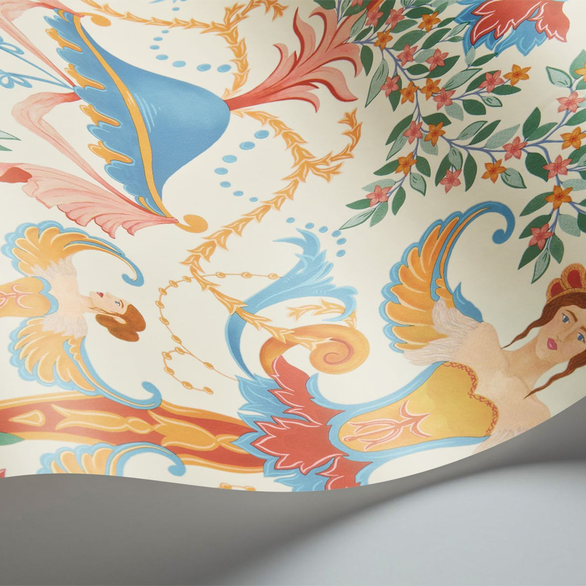 Cole & Son Chamber Angels wallpaper in Cerulean Sky, Rouge & Marigold on Parchment — detail