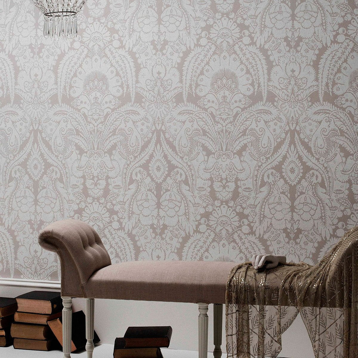 Cole & Son Chatterton wallpaper in Chalk on Taupe — room setting