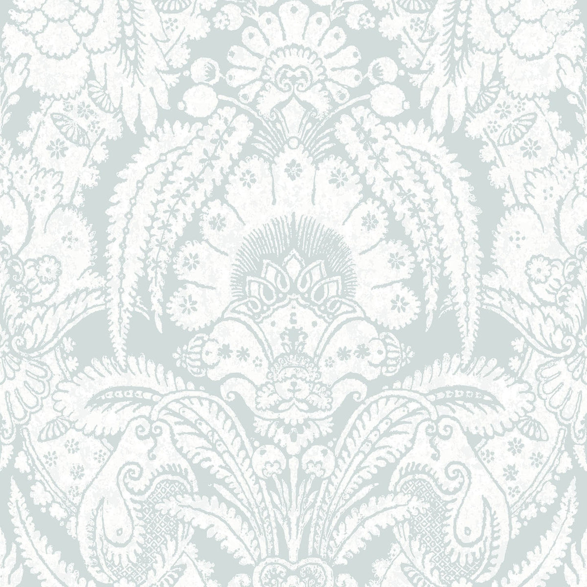 Cole & Son Chatterton wallpaper in Chalk on Print Room Blue — pattern