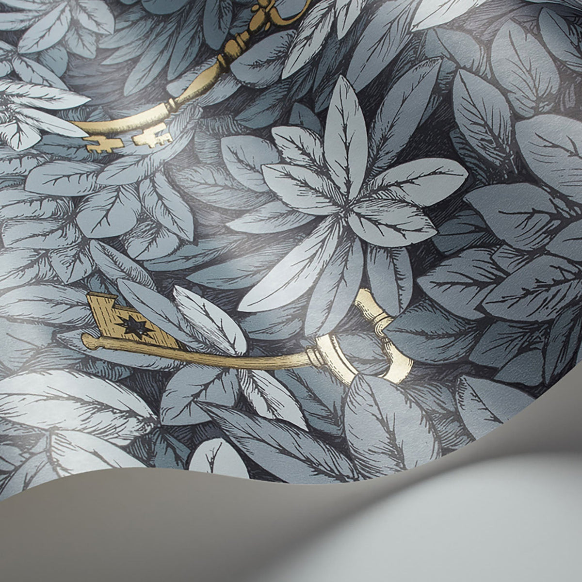Cole & Son Fornasetti Chiavi Segrete wallpaper in Slate Blue & Grey — detail