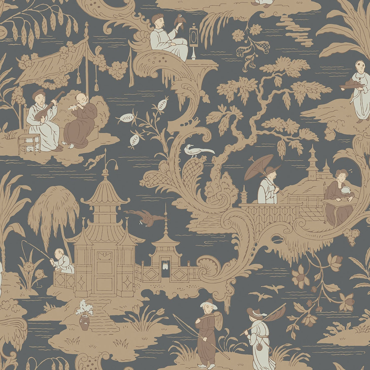 Cole & Son Chinese Toile wallpaper in Spice on Soot — pattern