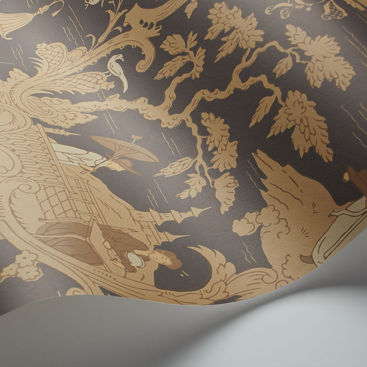 Cole & Son Chinese Toile wallpaper in Spice on Soot — detail