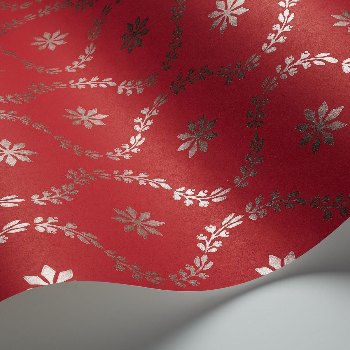 Cole & Son Clandon wallpaper in Pewter on Red — detail