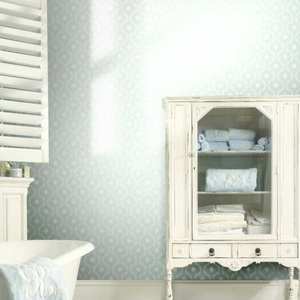 Cole & Son Clandon wallpaper in Chalk on Pale Duck Egg — room setting