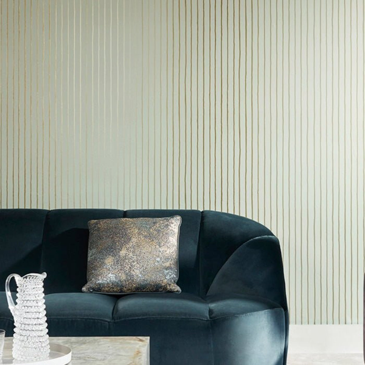 Cole & Son College Stripe wallpaper in Soft Olive & Metallic Gilver — room setting