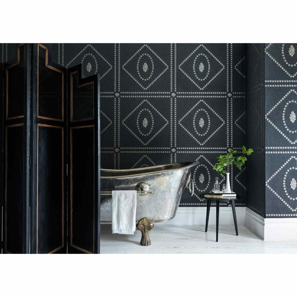 Detail of Cole & Son Conchiglie wallpaper in Soft Gold on Charcoal