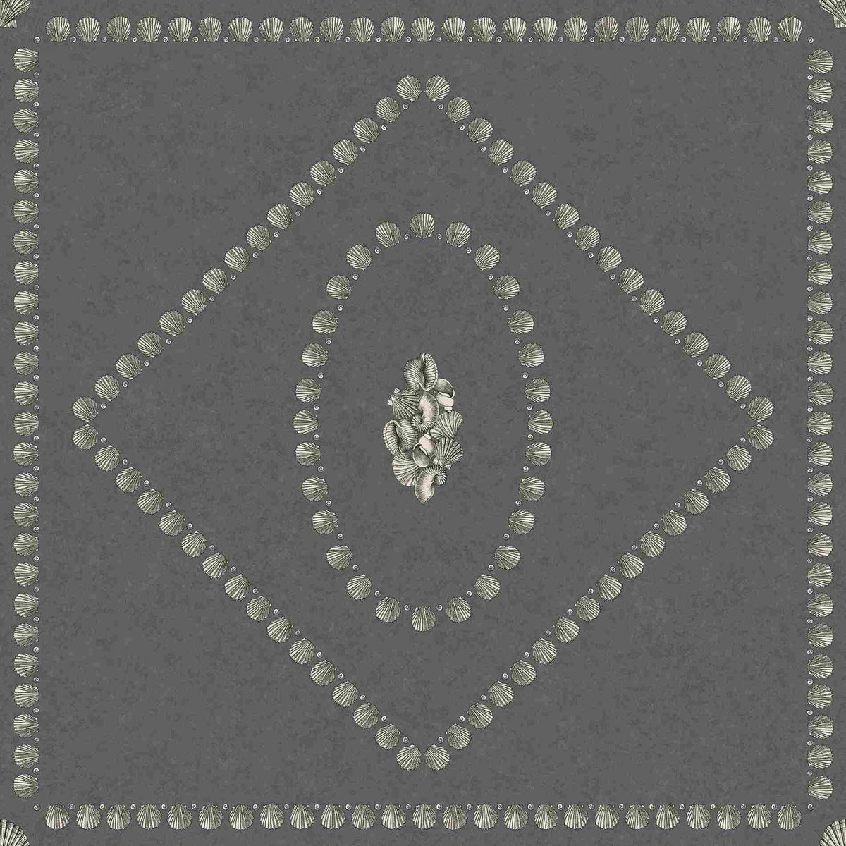 Cole & Son Conchiglie wallpaper in Soft Gold on Charcoal, 123/5023