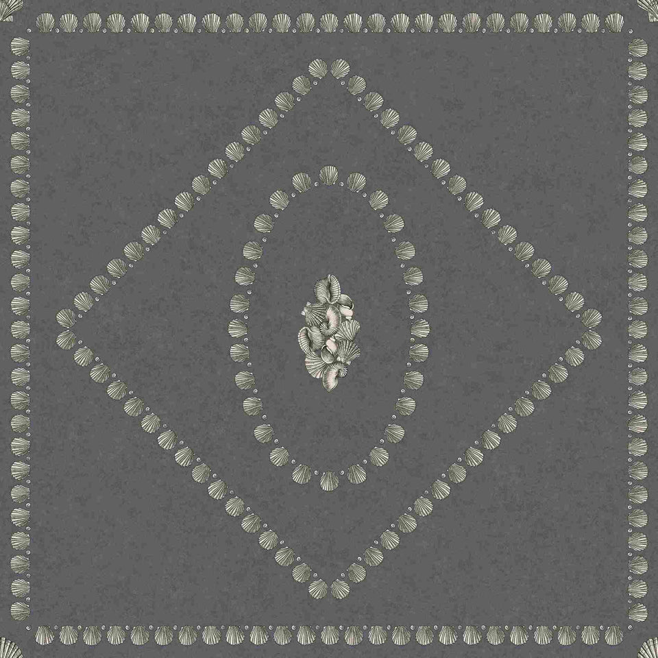 Cole & Son Conchiglie wallpaper in Soft Gold on Charcoal, 123/5023