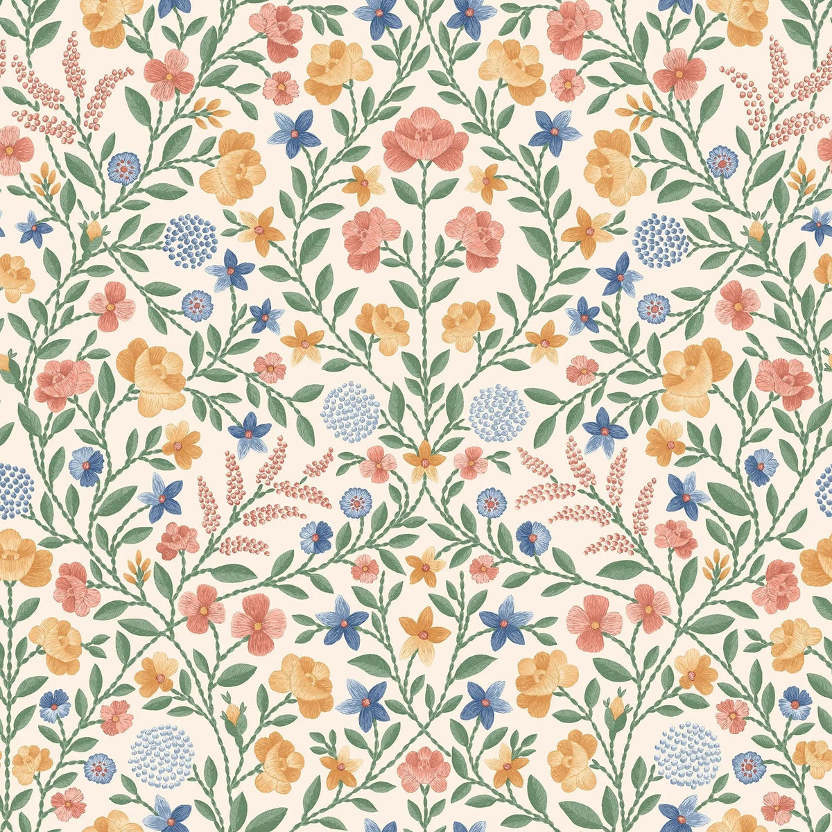 Cole & Son Court Embroidery wallpaper in Coral, Marigold, Hyacinth on Parchment — pattern