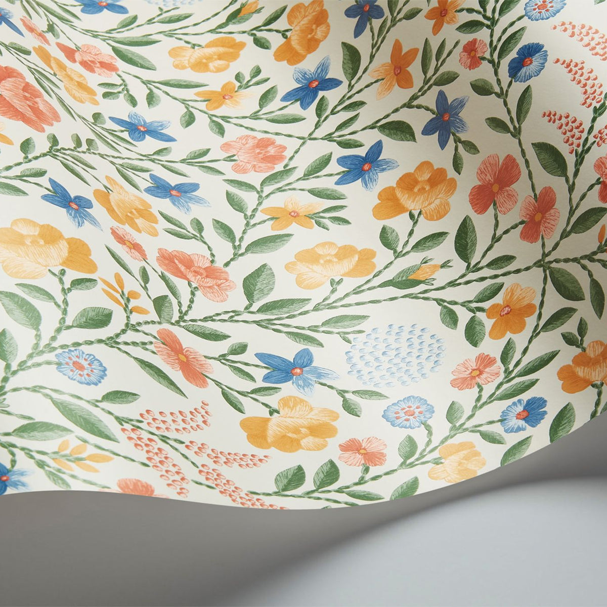 Cole & Son Court Embroidery wallpaper in Coral, Marigold, Hyacinth on Parchment — detail