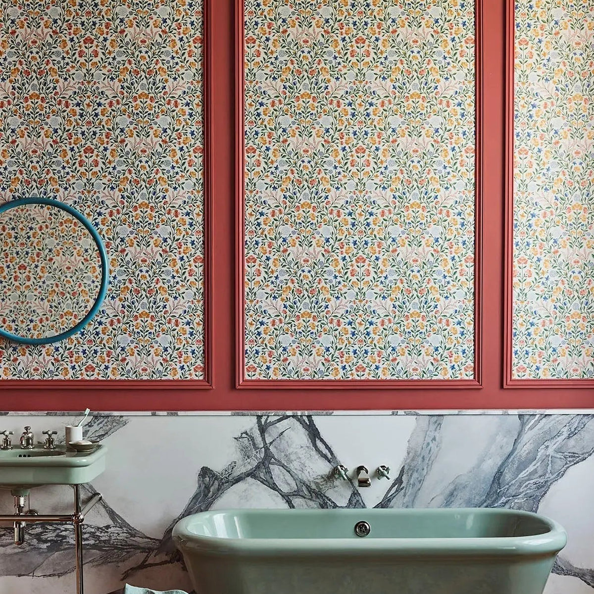 Cole & Son Court Embroidery wallpaper in Coral, Marigold, Hyacinth on Parchment — room setting