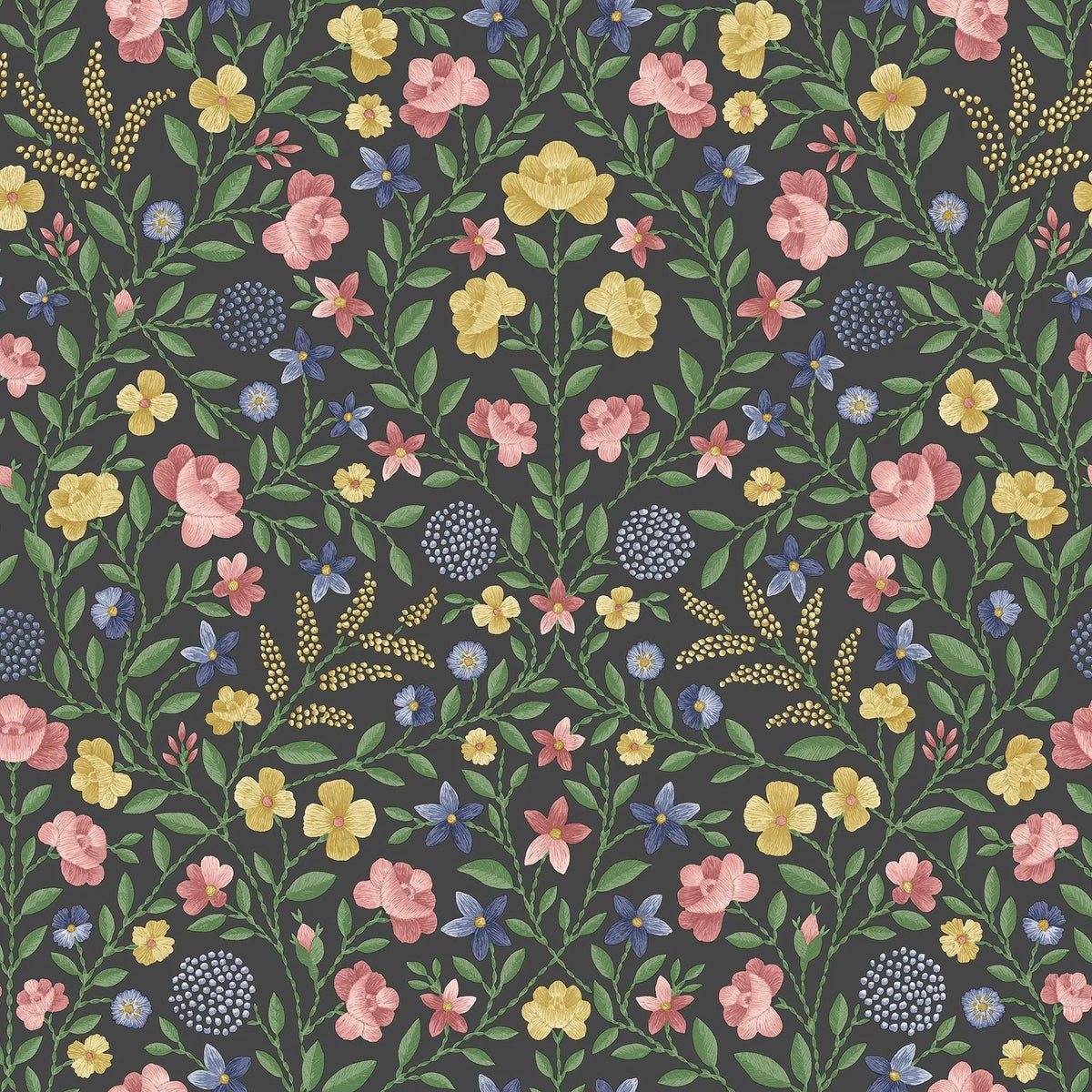 Cole & Son Court Embroidery wallpaper in Yellow, Rose & Hyacinth Blue on Charcoal — pattern