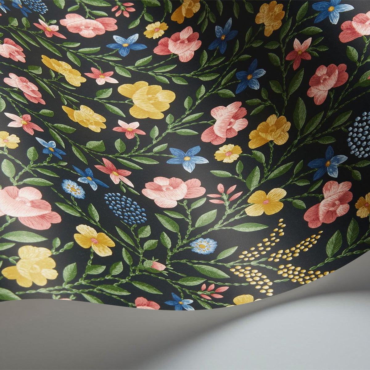 Cole & Son Court Embroidery wallpaper in Yellow, Rose & Hyacinth Blue on Charcoal — detail