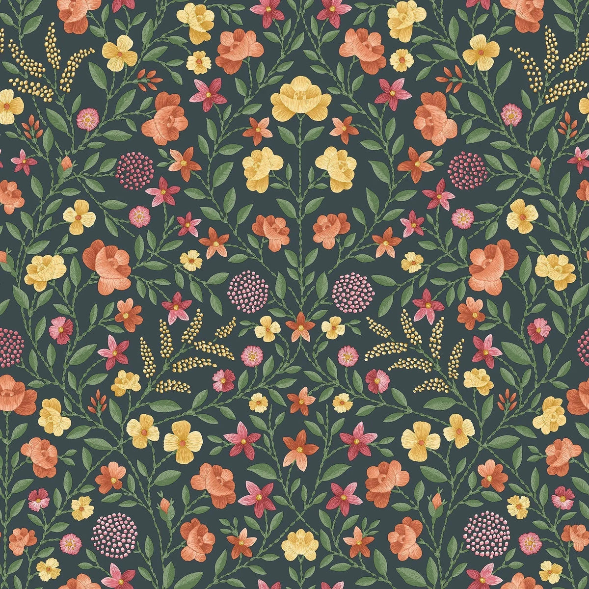 Cole & Son Court Embroidery wallpaper in Marigold, Tangerine & Red on Charcoal — pattern