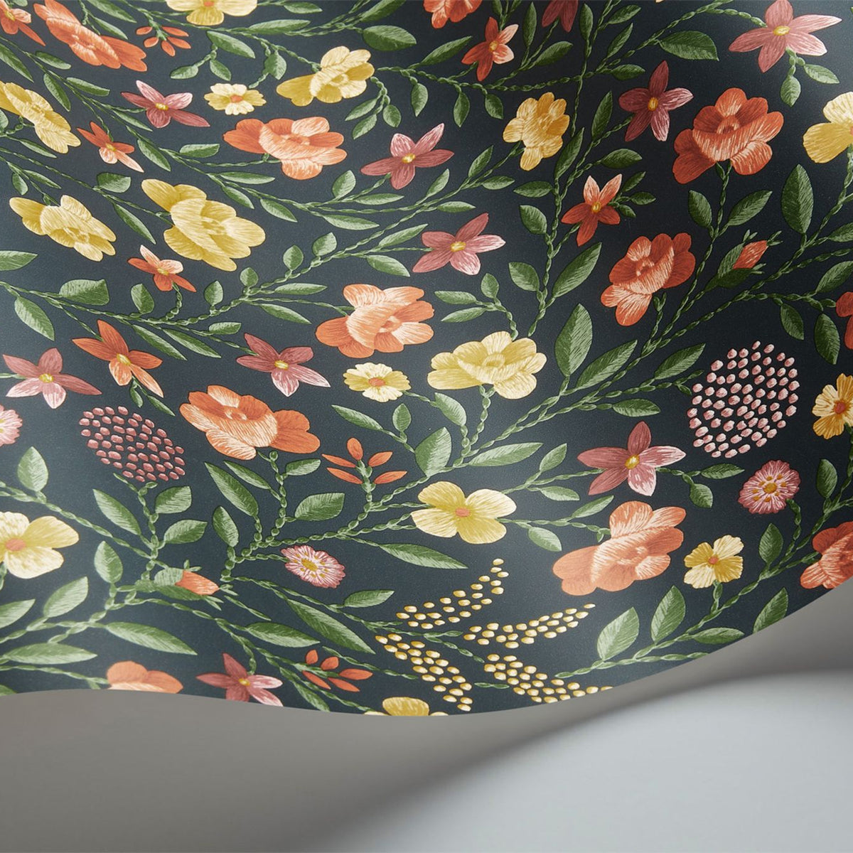 Cole & Son Court Embroidery wallpaper in Marigold, Tangerine & Red on Charcoal — detail
