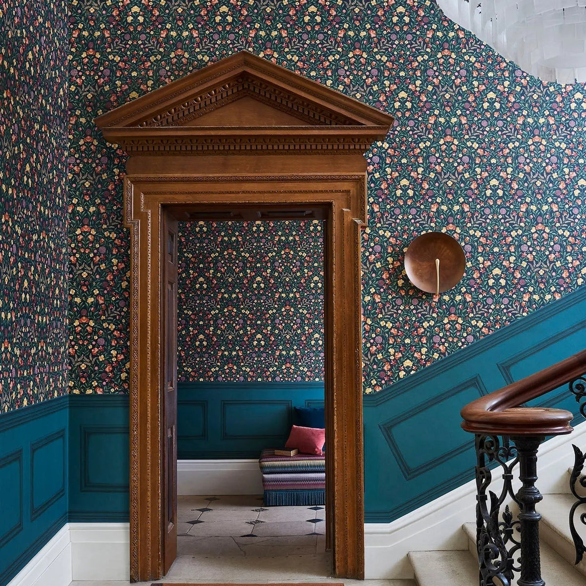 Cole & Son Court Embroidery wallpaper in Marigold, Tangerine & Red on Charcoal — room setting