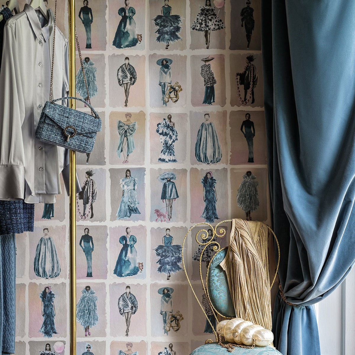 Cole & Son Couture Carousel wallpaper in China Blue — room setting