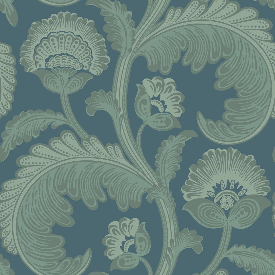 Fanfare Flock wallpaper by Cole & Son, Duck Egg on Dark Petrol