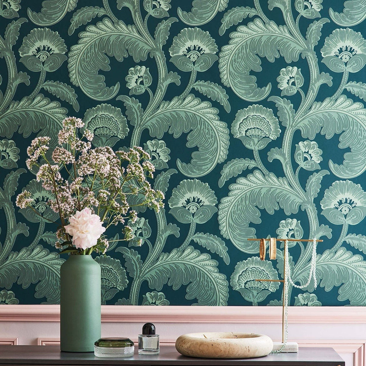 Fanfare Flock wallpaper by Cole & Son, room setting