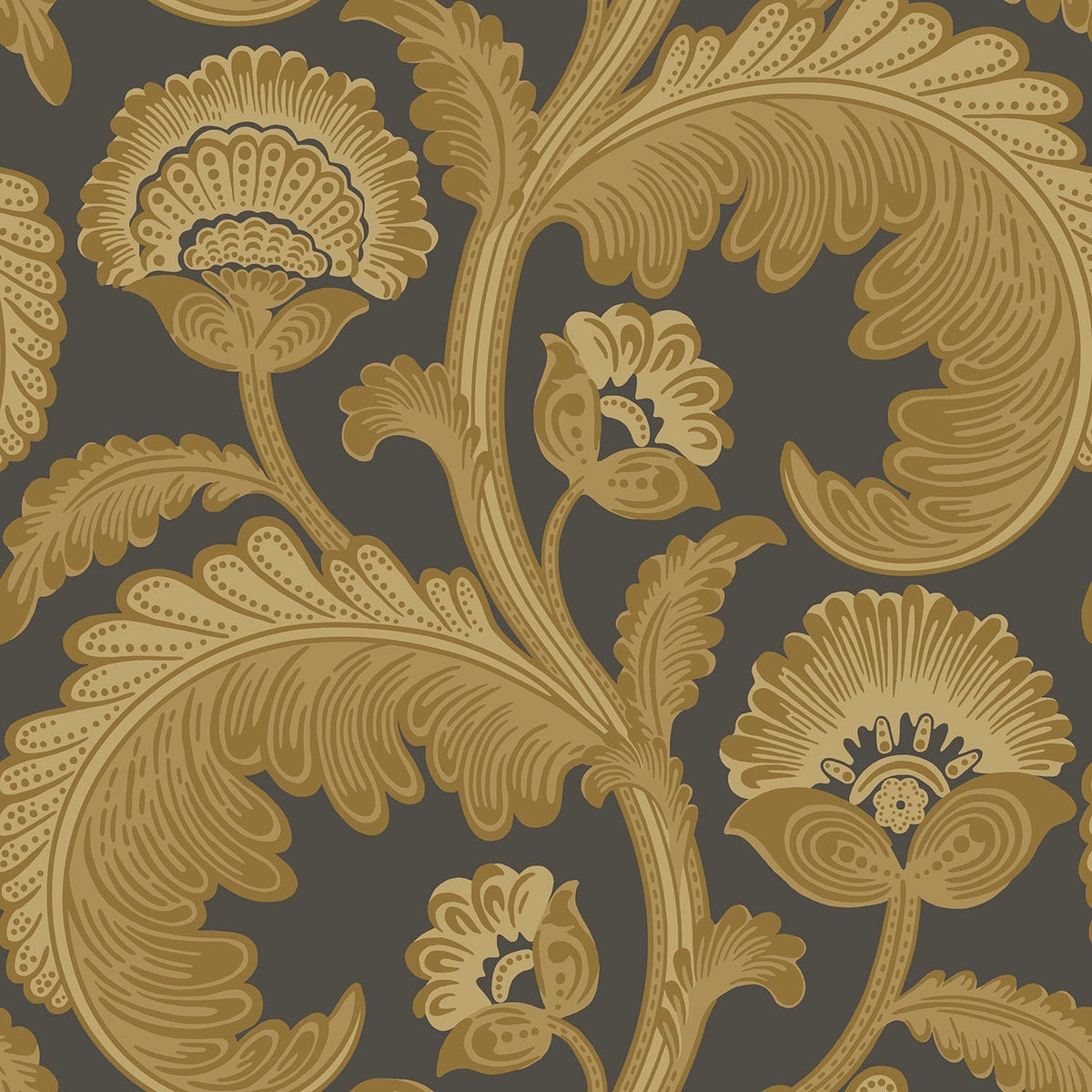 Fanfare Flock wallpaper by Cole & Son, Ochre on Charcoal