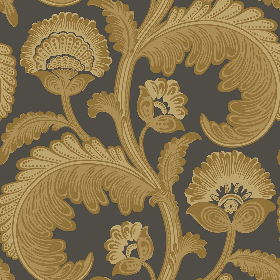 Fanfare Flock wallpaper by Cole & Son, Ochre on Charcoal