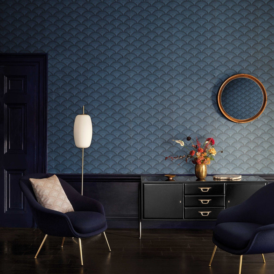 Feather Fan wallpaper by Cole & Son — Metallic Cornflower on Ink