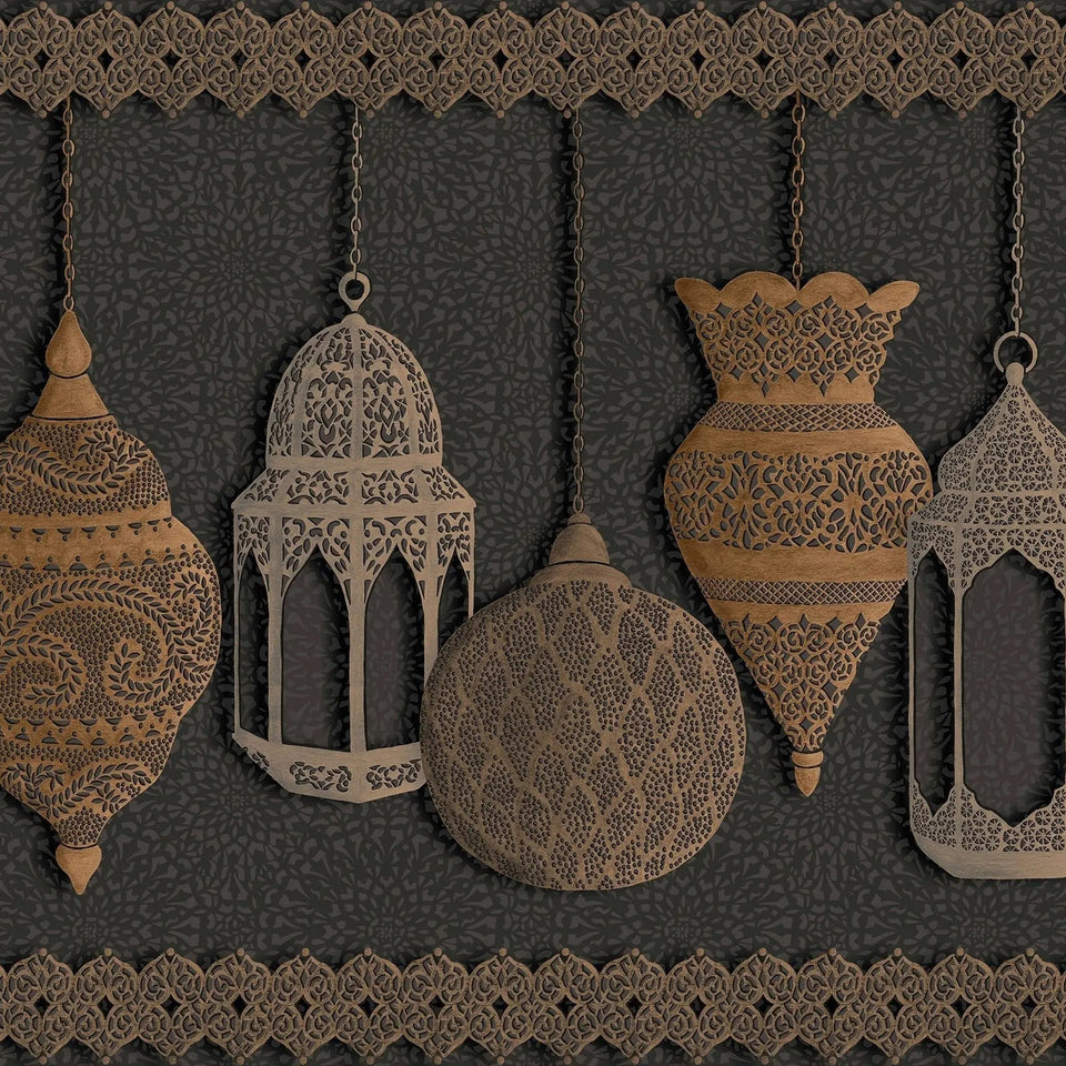 Fez Border wallpaper by Cole & Son, Metallic Silver & Metallic Bronze on Charcoal