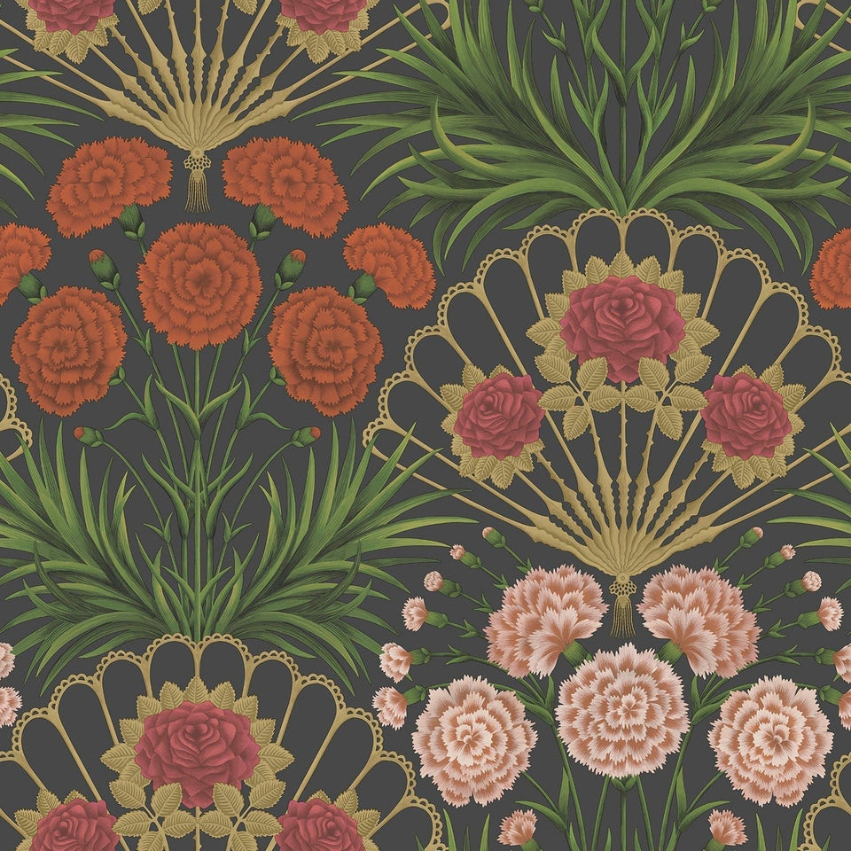 Flamenco Fan wallpaper by Cole & Son, Cerise, Dark Tangerine & Metallic Gold on Black