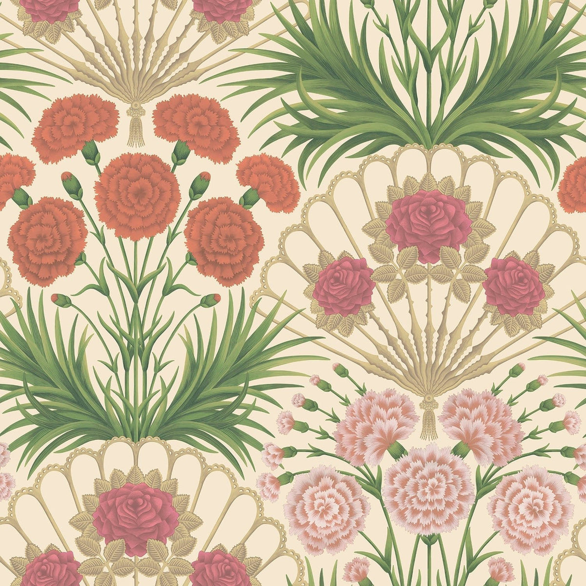 Flamenco Fan wallpaper by Cole & Son, Fuchsia, Rouge & Metallic Gold on Cream