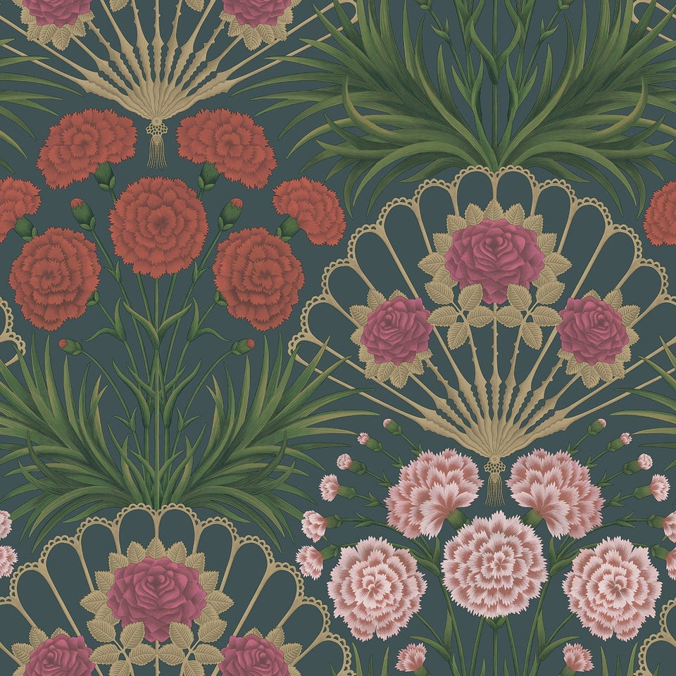Flamenco Fan wallpaper by Cole & Son, Magenta, Red & Metallic Gilver on Ink
