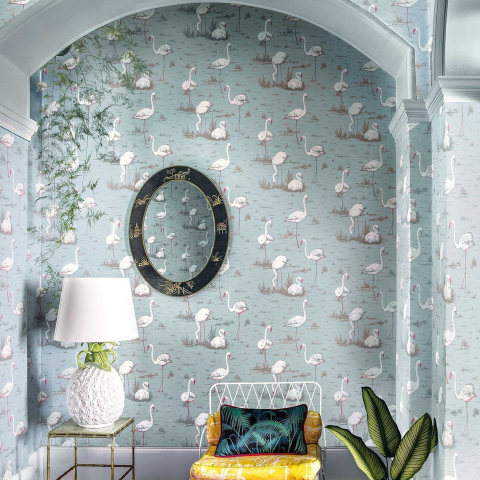 Flamingos wallpaper by Cole & Son — White & Fuchsia on Sea Foam