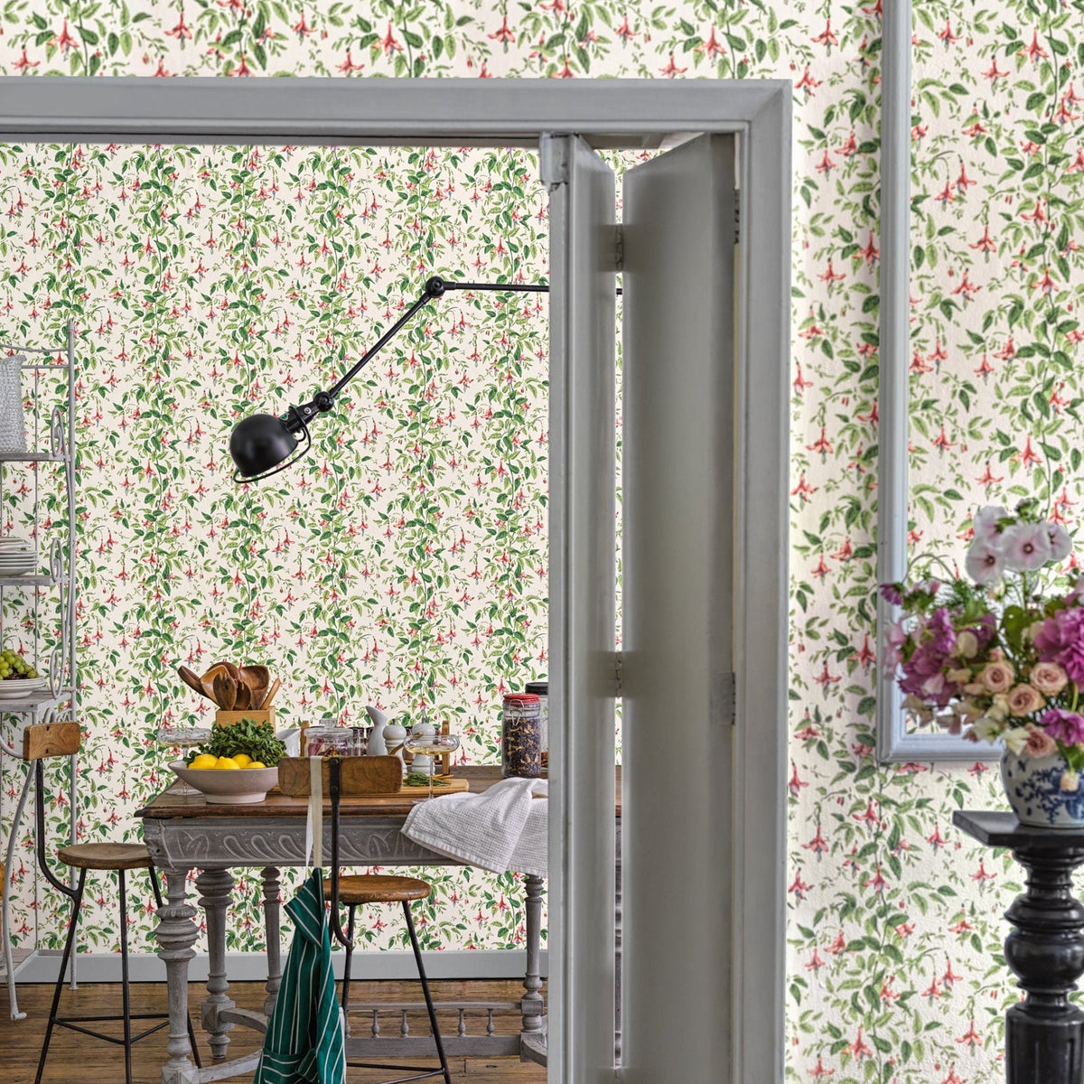 Cole & Son Fuchsia wallpaper in Rose Pink and Soft Green on Parchment