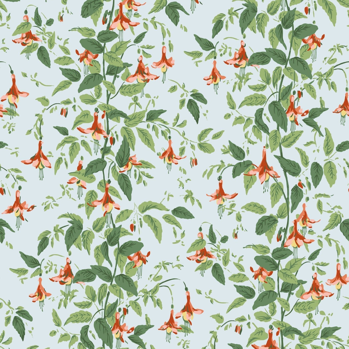 Cole & Son Fuchsia wallpaper in Coral and Leaf Green on Powder Blue